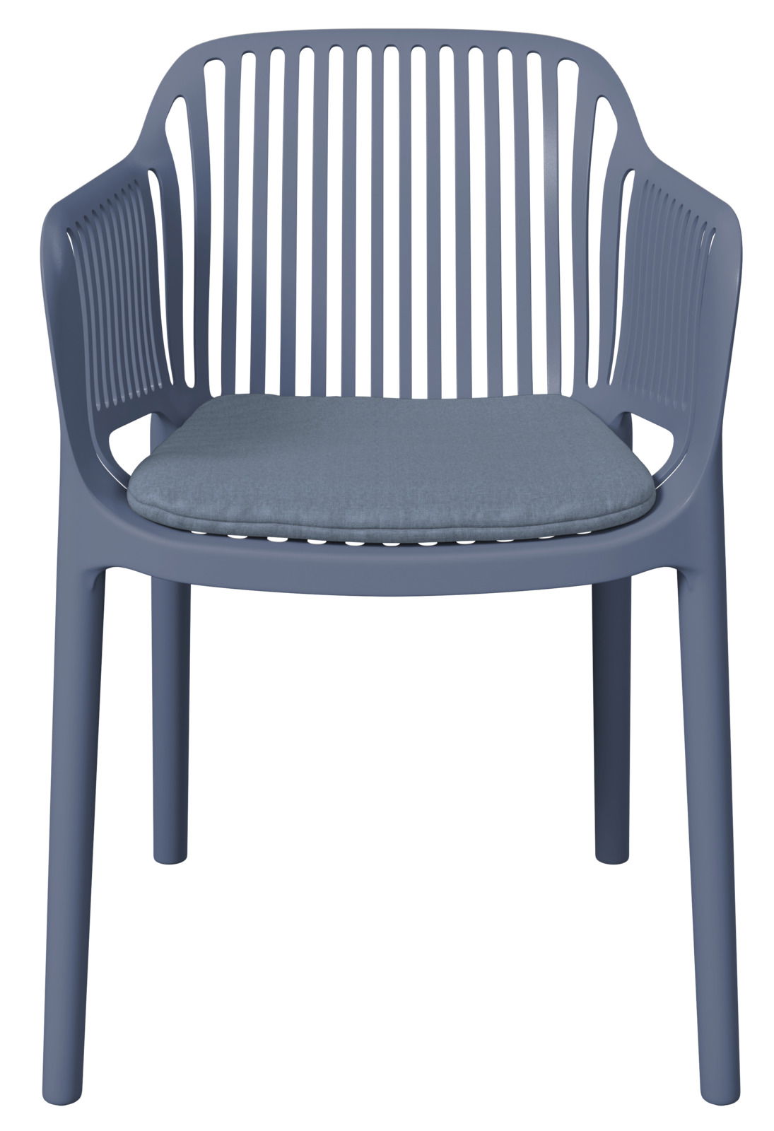 Blauer Stapelsessel mit Armlehnen und gepolstertem Sitzkissen, Frontalansicht