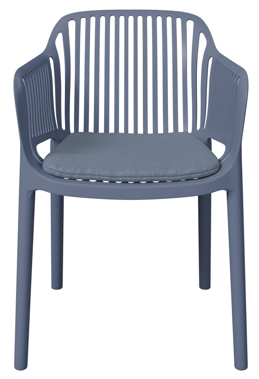 Blauer Stapelsessel mit Armlehnen und gepolstertem Sitzkissen, Frontalansicht