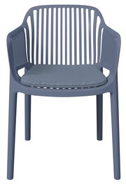 Blauer Stapelsessel mit Armlehnen und gepolstertem Sitzkissen, Frontalansicht