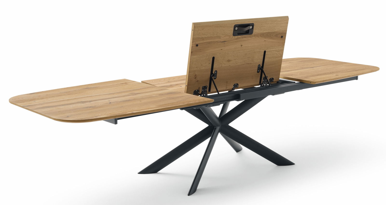 Moderner Esstisch mit ausziehbarer Holzplatte und schwarzem Metallgestell, seitliche Perspektive