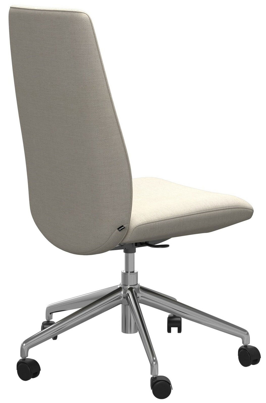 Rückansicht eines modernen, ergonomischen Bürostuhls mit hellgrauem Stoffbezug und verchromtem Drehfuß auf Rollen.