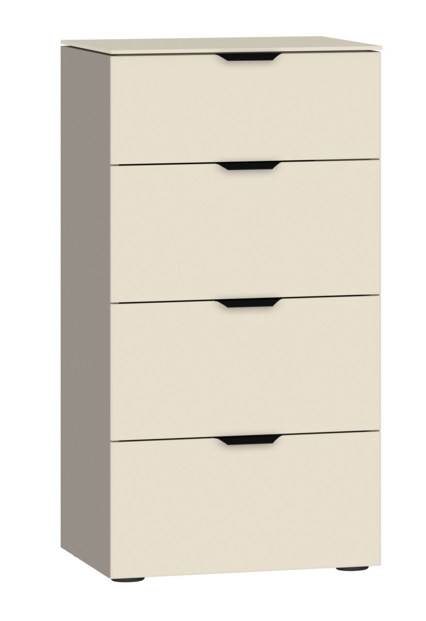 Beige Kommode mit vier Schubladen, Frontansicht