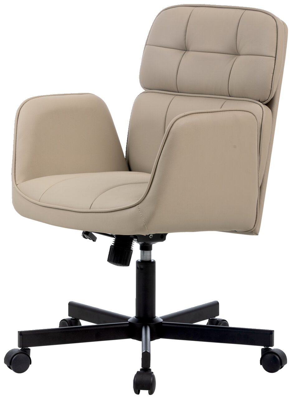 Beiger Drehstuhl mit gepolsterter Rückenlehne und Armlehnen, seitliche Perspektive