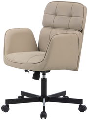 Beiger Drehstuhl mit gepolsterter Rückenlehne und Armlehnen, seitliche Perspektive