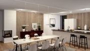 Moderne Küche mit Schienenspot Hildor, Deckenansicht, stilvolle Einrichtung mit Esstisch und Stühlen.
