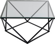 Moderner Beistelltisch mit Glasplatte und geometrischem Metallgestell, Ansicht von oben.