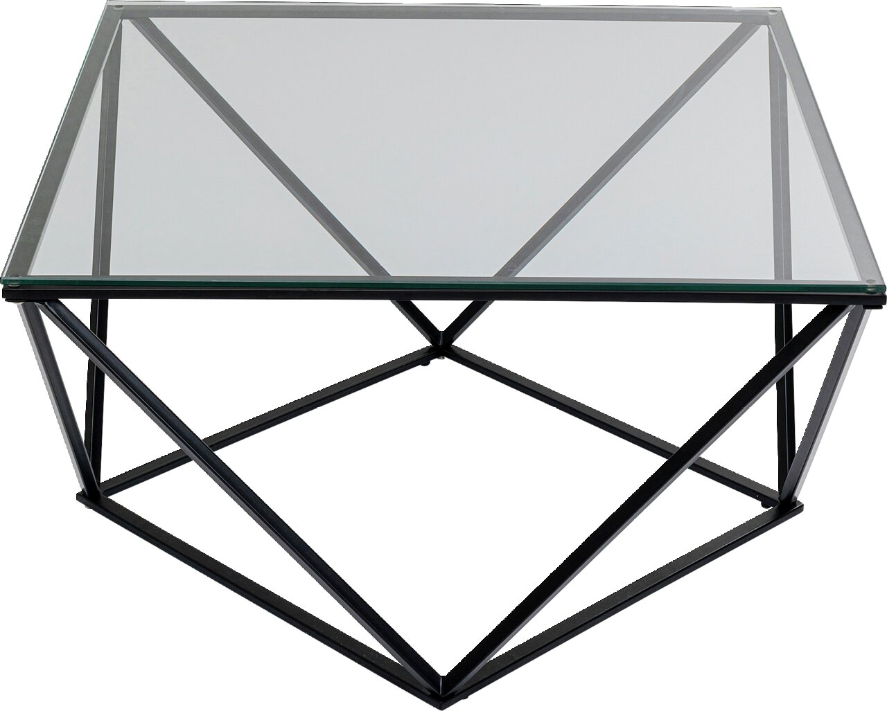 Moderner Beistelltisch mit Glasplatte und geometrischem Metallgestell, Ansicht von oben.