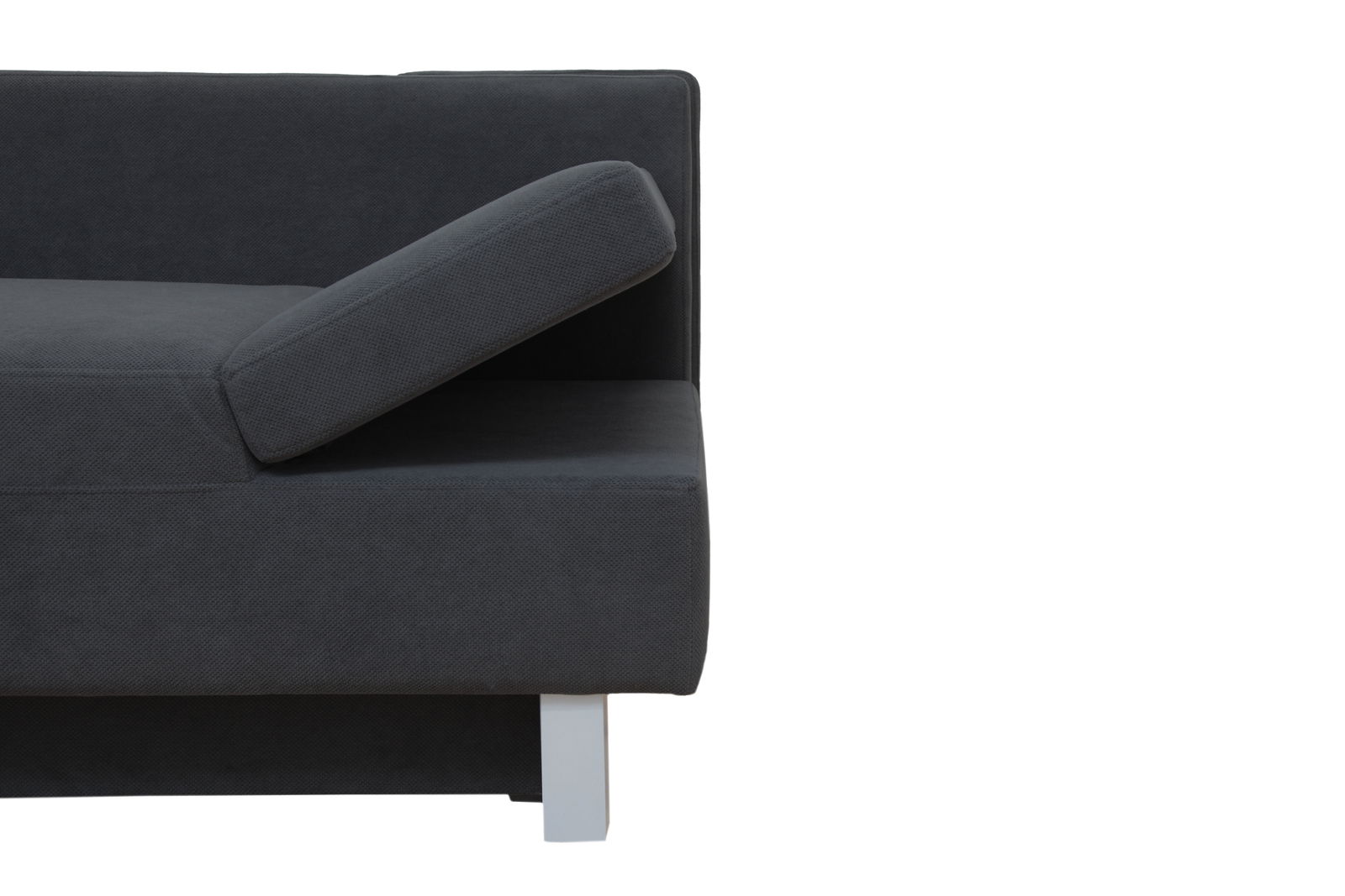 Dunkelgraues Funktionssofa mit verstellbarer Rückenlehne, seitliche Perspektive