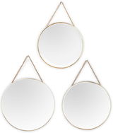 3er Set runde Spiegel mit goldenen Rahmen und Ketten zum Aufhängen, aus der Vorderansicht fotografiert.