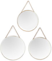 3er Set runde Spiegel mit goldenen Rahmen und Ketten zum Aufhängen, aus der Vorderansicht fotografiert.