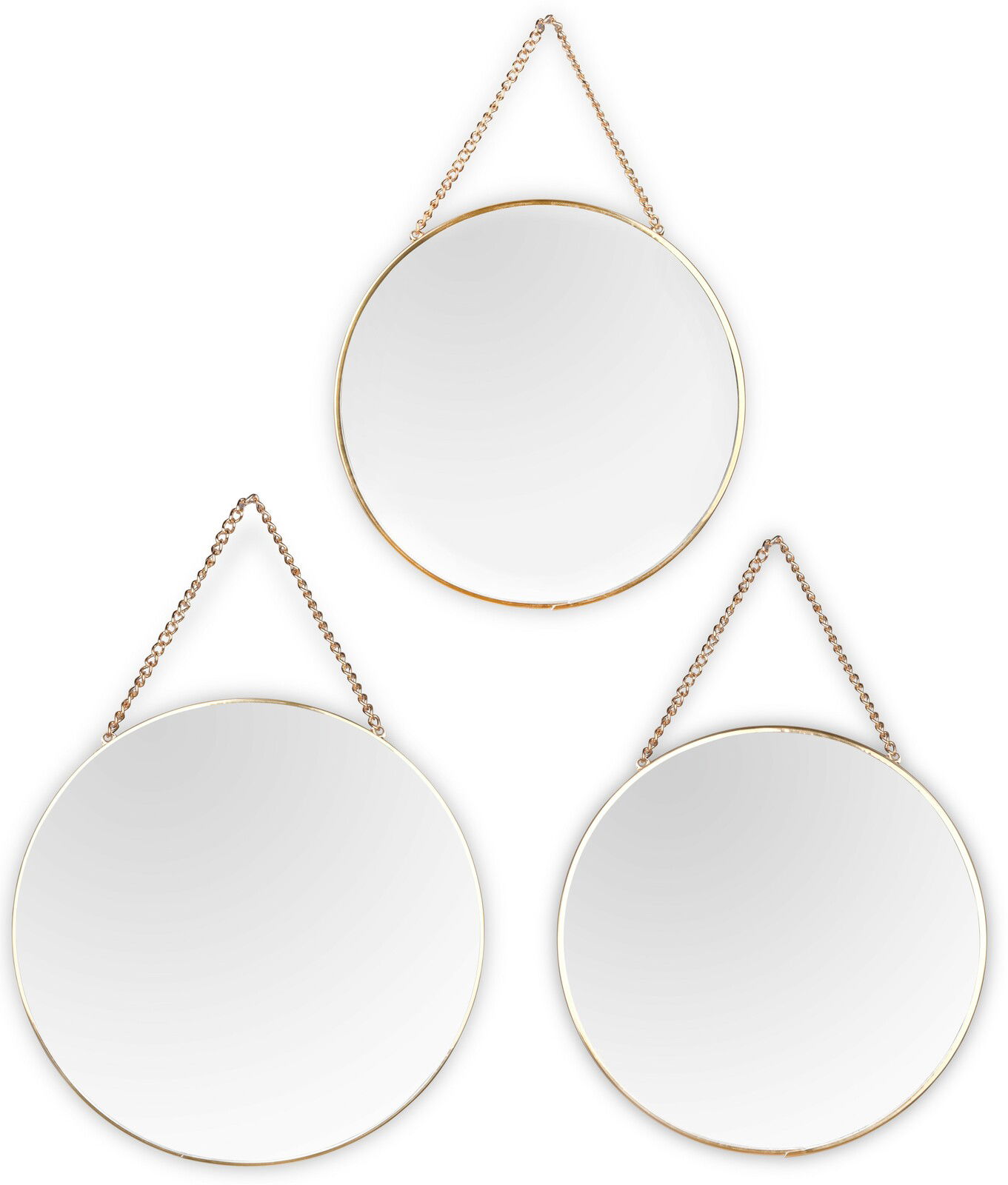 3er Set runde Spiegel mit goldenen Rahmen und Ketten zum Aufhängen, aus der Vorderansicht fotografiert.