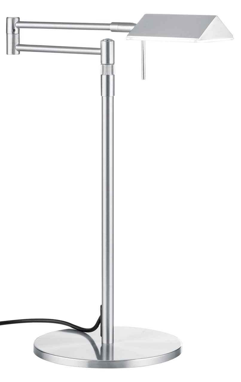 Moderne LED-Tischleuchte JOHANN aus Metall in seitlicher Ansicht mit verstellbarem Arm und rechteckigem Lampenschirm.
