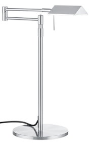 Moderne LED-Tischleuchte JOHANN aus Metall in seitlicher Ansicht mit verstellbarem Arm und rechteckigem Lampenschirm.
