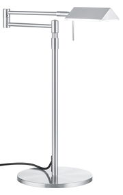 Moderne LED-Tischleuchte JOHANN aus Metall in seitlicher Ansicht mit verstellbarem Arm und rechteckigem Lampenschirm.