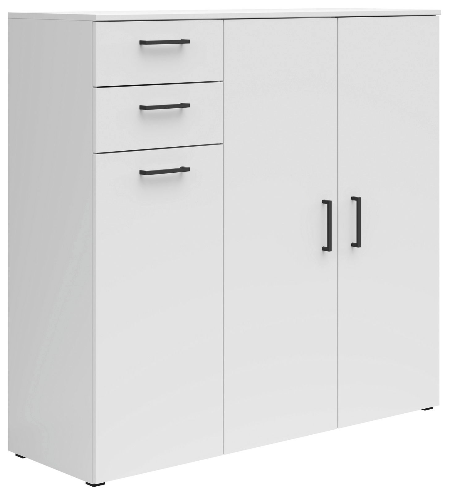 Weiße Kommode mit drei Schubladen und zwei Türen, schwarze Griffe, seitliche Perspektive