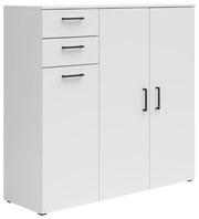 Weiße Kommode mit drei Schubladen und zwei Türen, schwarze Griffe, seitliche Perspektive