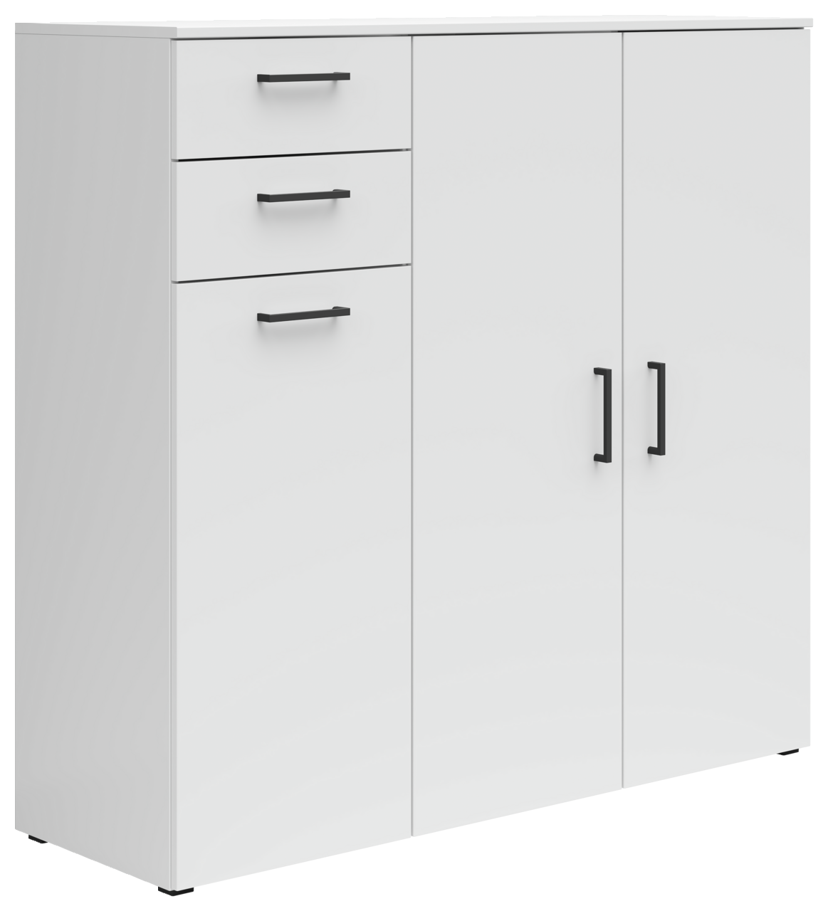Weiße Kommode mit drei Schubladen und zwei Türen, schwarze Griffe, seitliche Perspektive