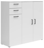 Weiße Kommode mit drei Schubladen und zwei Türen, schwarze Griffe, seitliche Perspektive