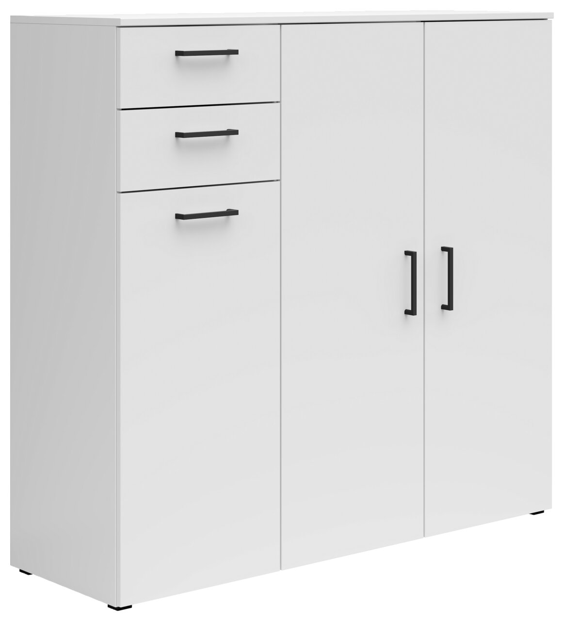 Weiße Kommode mit drei Schubladen und zwei Türen, schwarze Griffe, seitliche Perspektive