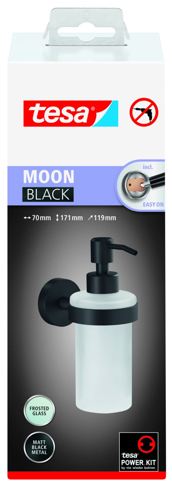 tesa MOON BLACK Seifenspender aus mattschwarzem Metall und satiniertem Glas, seitliche Ansicht