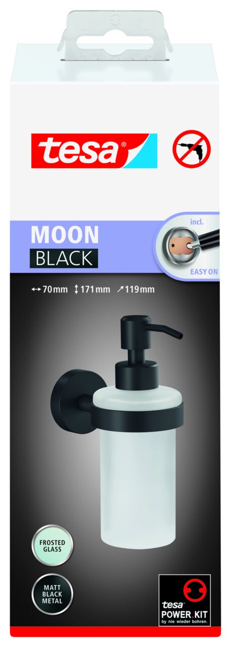 Tesa MOON BLACK zeepdispenser van matzwart metaal en gesatineerd glas, zijaanzicht
