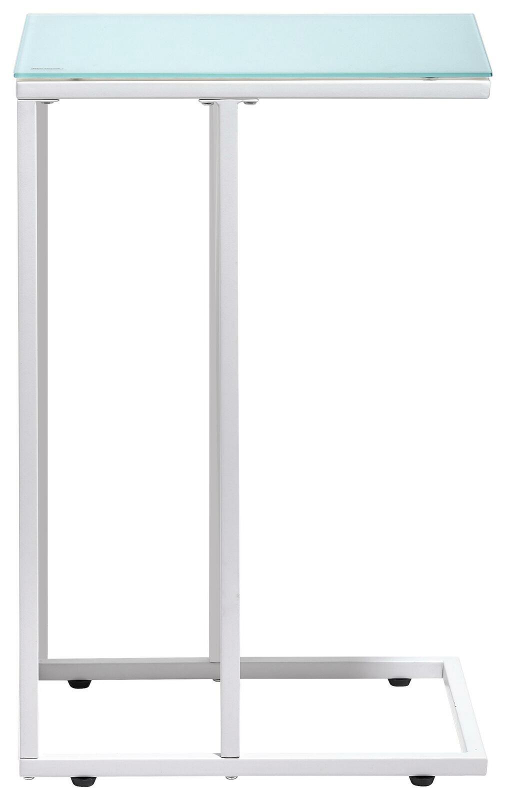 Moderner Beistelltisch mit Glasplatte und Metallgestell, seitliche Perspektive