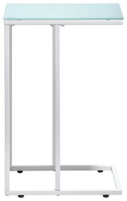 Moderner Beistelltisch mit Glasplatte und Metallgestell, seitliche Perspektive