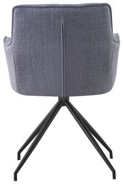 Rückansicht eines modernen Armlehnstuhls mit grauem Stoffbezug und schwarzen Metallbeinen.