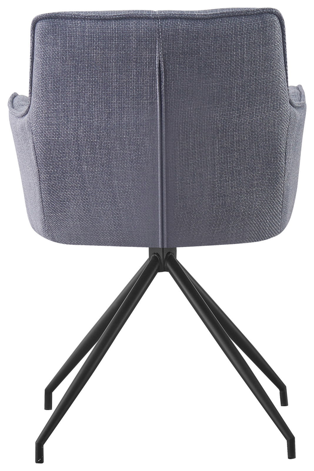 Rückansicht eines modernen Armlehnstuhls mit grauem Stoffbezug und schwarzen Metallbeinen.