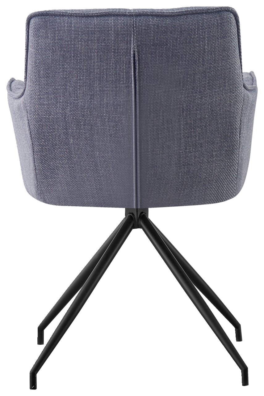 Rückansicht eines modernen Armlehnstuhls mit grauem Stoffbezug und schwarzen Metallbeinen.