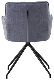 Rückansicht eines modernen Armlehnstuhls mit grauem Stoffbezug und schwarzen Metallbeinen.