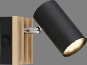 Moderner schwarzer Strahler mit Holzdetails, seitliche Perspektive