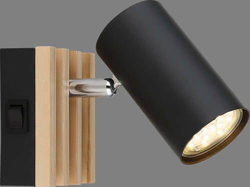 Moderner schwarzer Strahler mit Holzdetails, seitliche Perspektive