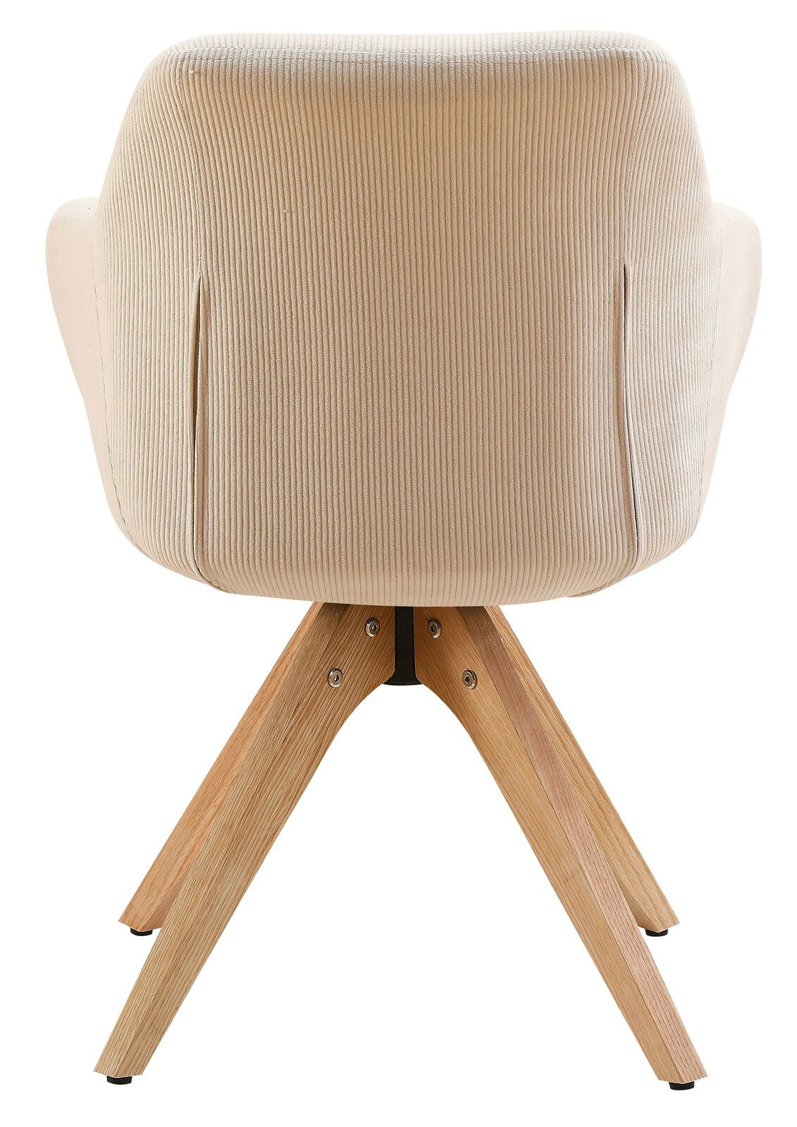 Rückansicht eines Armlehnstuhls mit beigem Stoffbezug und Holzbeinen.