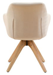 Rückansicht eines Armlehnstuhls mit beigem Stoffbezug und Holzbeinen.