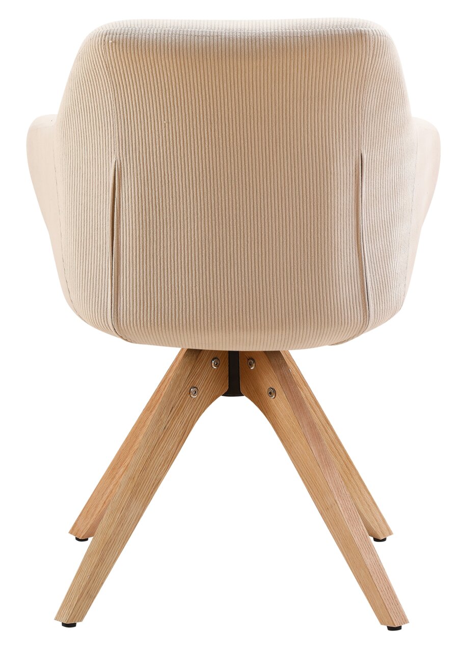 Rückansicht eines Armlehnstuhls mit beigem Stoffbezug und Holzbeinen.