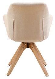 Rückansicht eines Armlehnstuhls mit beigem Stoffbezug und Holzbeinen.