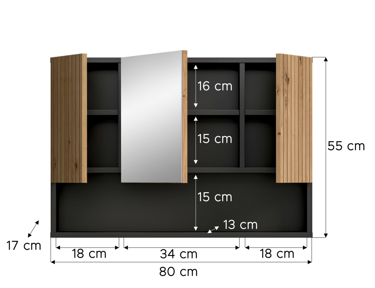 Badezimmerschrank/Spiegelschrank in Schwarz mit Holz-Lamellen-Seitenteilen und mittiger Spiegeltür, offene Fächer mit Maßangaben (80 cm breit, 55 cm hoch, 17 cm tief), Frontalansicht.