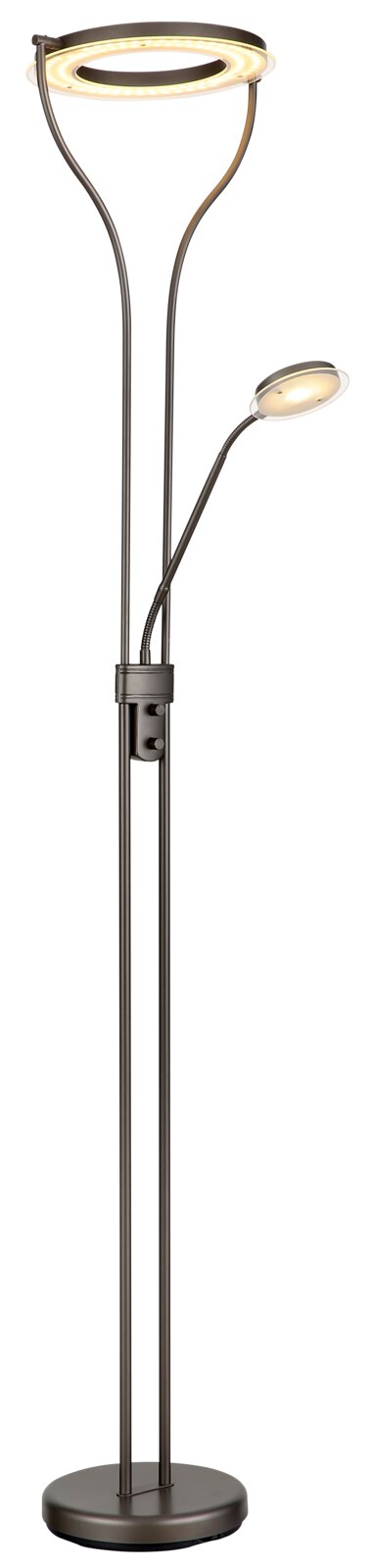 LED-Deckenfluter-Stehlampe in Dunkelgrau mit ringförmigem Hauptlicht und flexiblem Lesearm, frontale Produktansicht leicht von oben