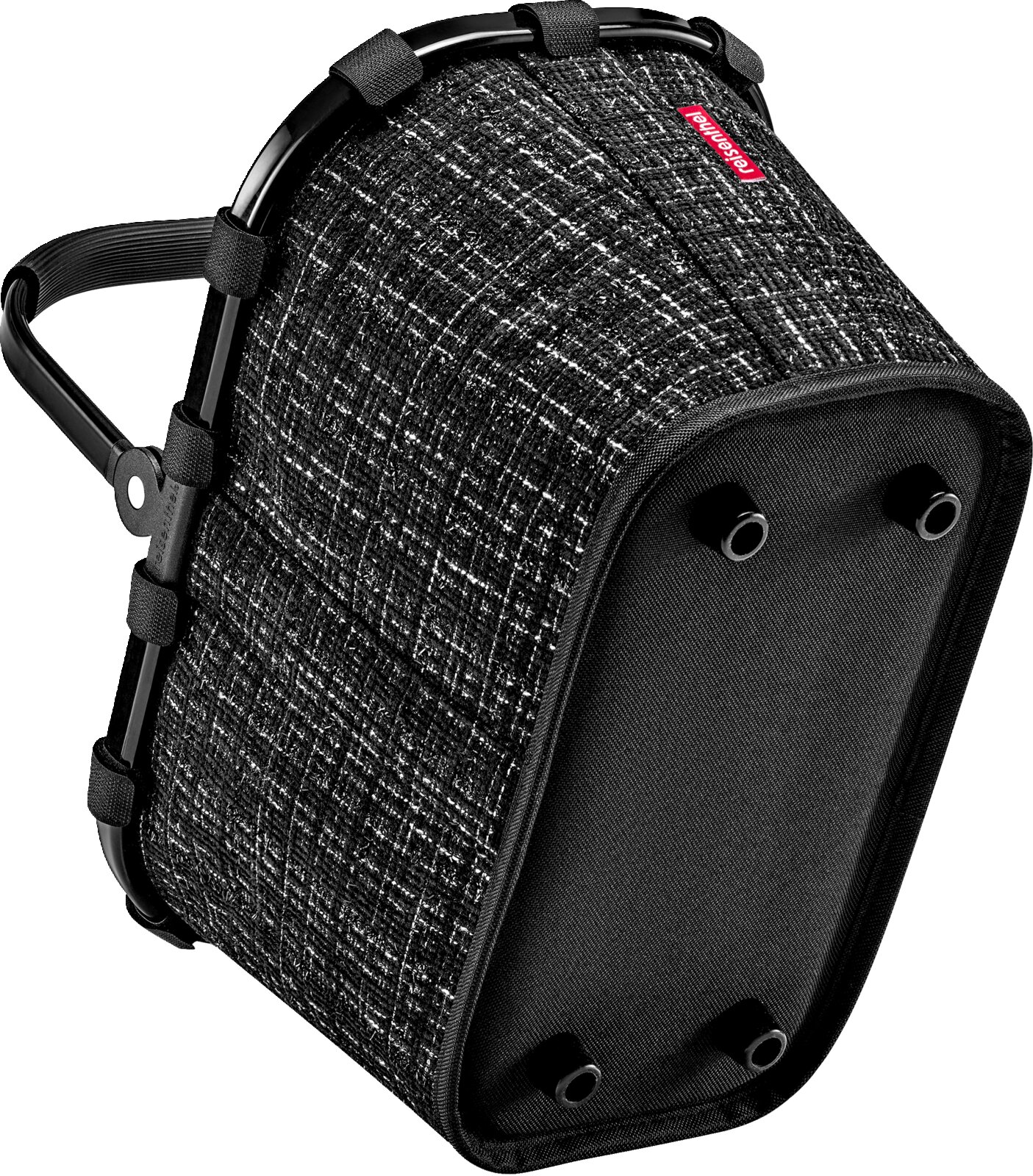 Schwarze Reisenthel-Tasche mit strukturiertem Stoff, Metallrahmen und vier Standfüßen, in schräger Seitenansicht von unten