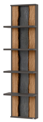 Hängepaneel mit vier Regalböden, Holz- und Steindesign, seitliche Perspektive