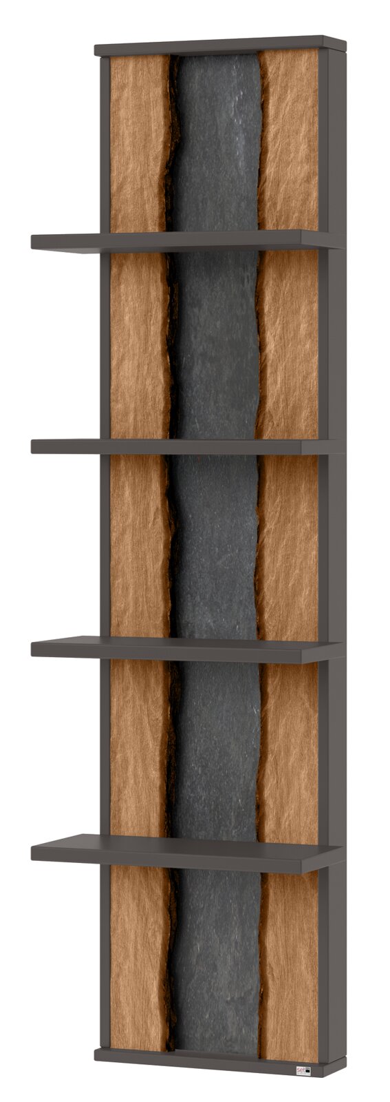 Hängepaneel mit vier Regalböden, Holz- und Steindesign, seitliche Perspektive