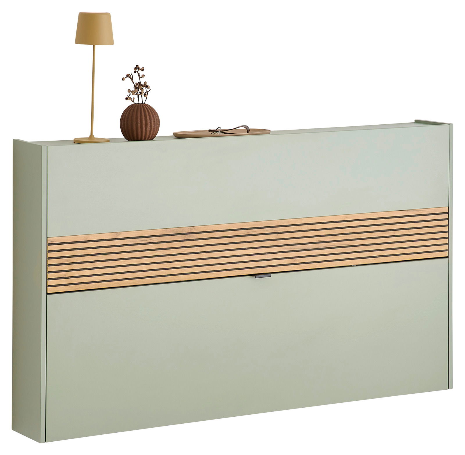 Moderner Schuhschrank Voleo RIO in hellem Grün mit Holzstreifen, seitliche Perspektive