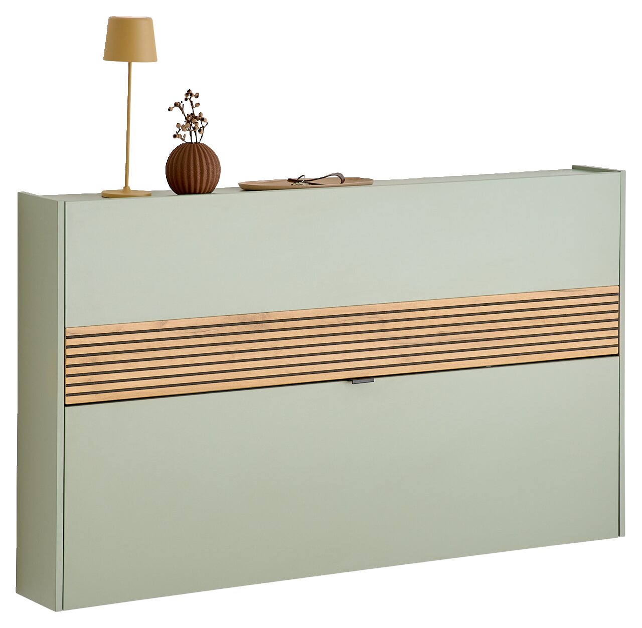 Moderner Schuhschrank Voleo RIO in hellem Grün mit Holzstreifen, seitliche Perspektive