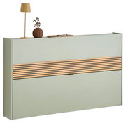 Moderner Schuhschrank Voleo RIO in hellem Grün mit Holzstreifen, seitliche Perspektive