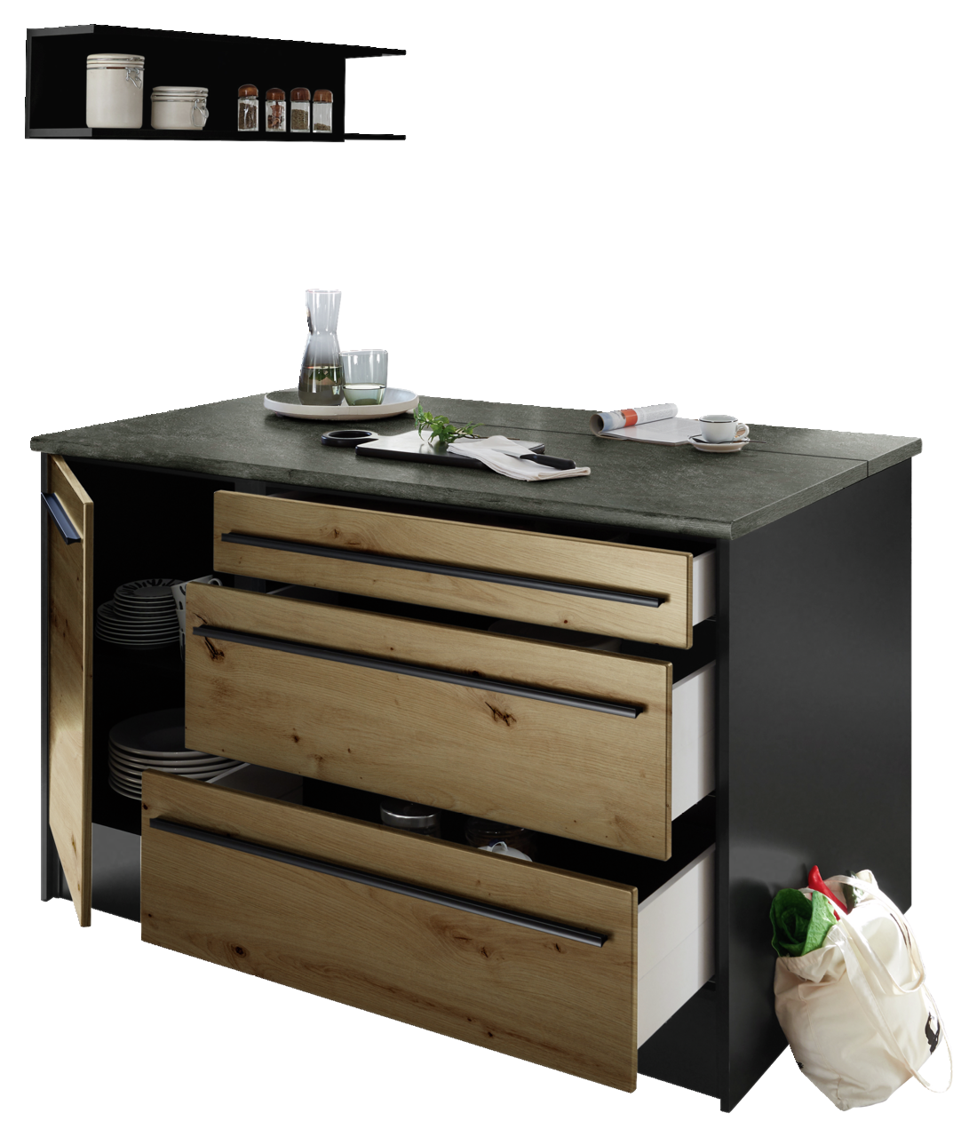 Kücheninsel mit Holzfronten und schwarzer Arbeitsplatte, offene Schubladen und Schranktür, seitliche Perspektive