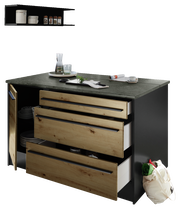 Kücheninsel mit Holzfronten und schwarzer Arbeitsplatte, offene Schubladen und Schranktür, seitliche Perspektive