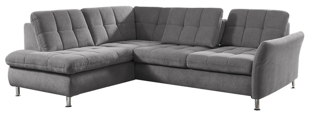 Graue Polsterrundecke in L-Form, perspektivisch von vorne links fotografiert