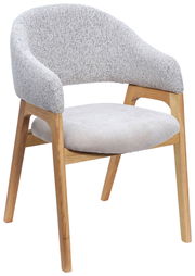 Moderner Armlehnstuhl mit grauem Stoffbezug und Holzgestell, seitliche Perspektive