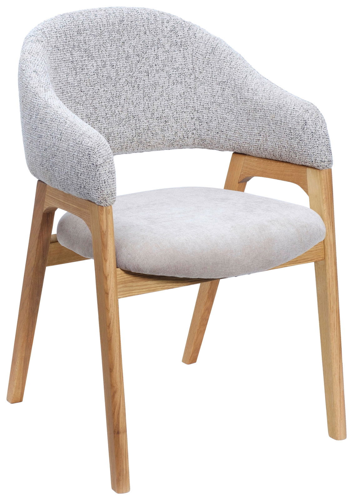 Moderner Armlehnstuhl mit grauem Stoffbezug und Holzgestell, seitliche Perspektive